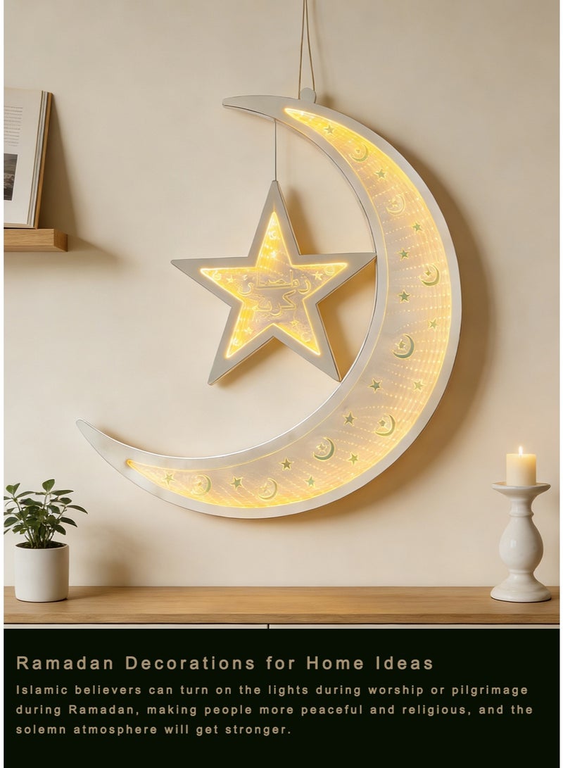 XIANYE Ramadan Large Crescent Moon Hanging LED Light, 19 Inches Mosque Eid Mubarak Window Light Plug Powered Warm White Crafts Light with Star Ornament, Big Shining Decoration LED Fairy Light for Home Party, Muslims, Islamic Festive Gift - Image 2